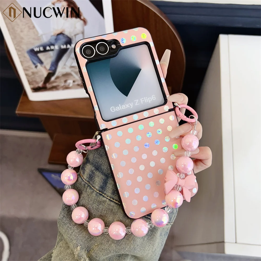 for Samsung ZFlip6 Cute Bowknot Beads Bracelet Case for Samsung Galaxy Z Flip 6 5 4 Flip Aurora Laser Wave Point Shockpoof Cover