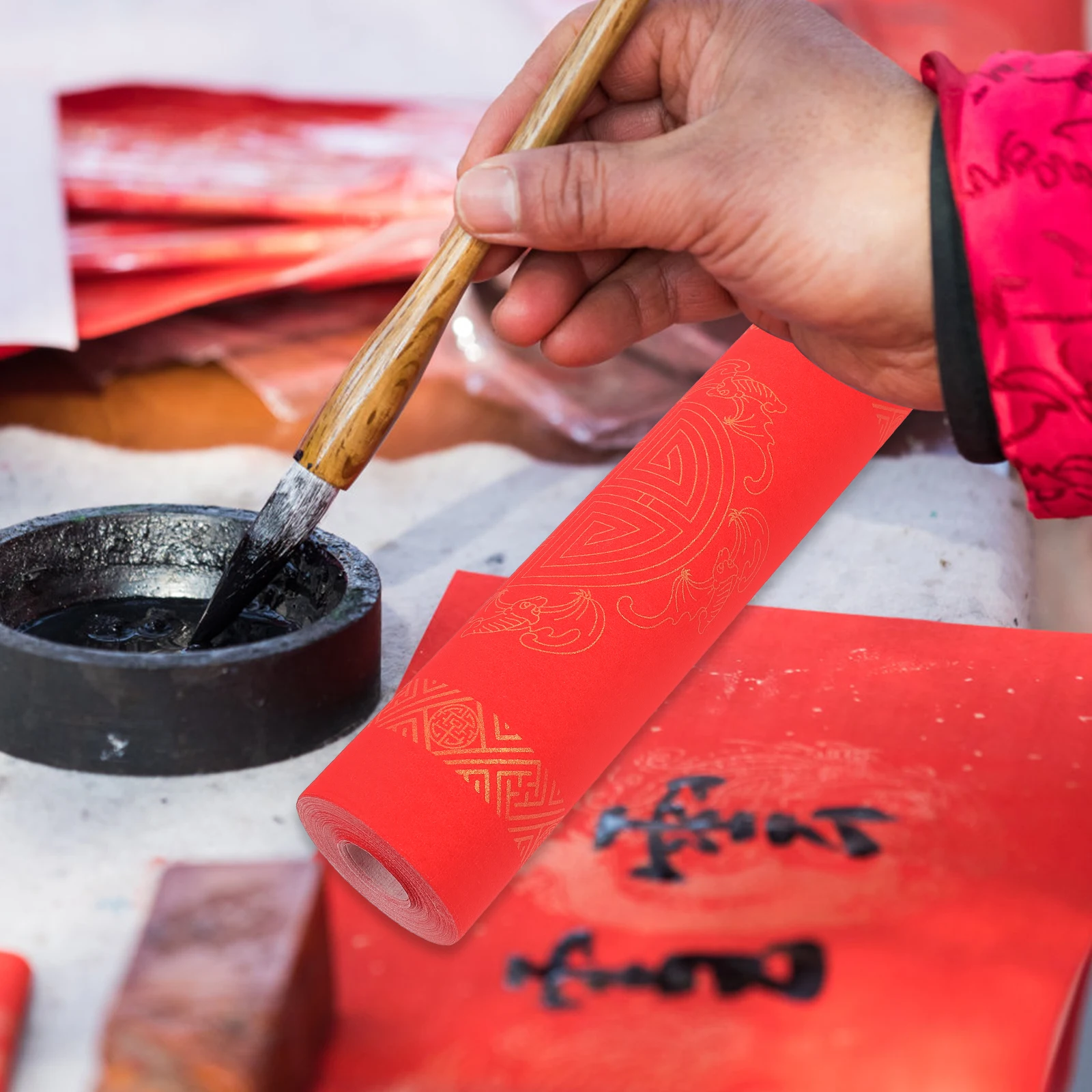 

1 Roll Red Xuan Paper Thickened Blank Scroll for Spring Festival Couplets Writing Calligraphy Traditional Painting DIY Supply