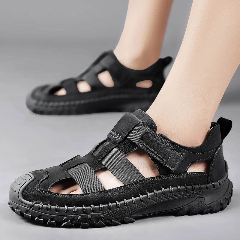 

Мужские повседневные кожаные сандалии ручной работы для прогулок на открытом воздухе, с круглым носком, новинка лета 2026, размеры 38-46, большие размеры, цвета хаки и серый