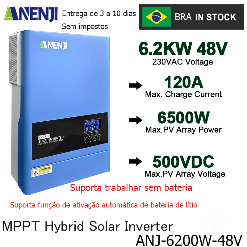 6.2KW 4KW Hybrid Solar Inverter 48V 24V MPPT Pure Sine On Grid Inverter Photovoltaic 220VAC 120A 100A Solar Charger PV 60-500VDC