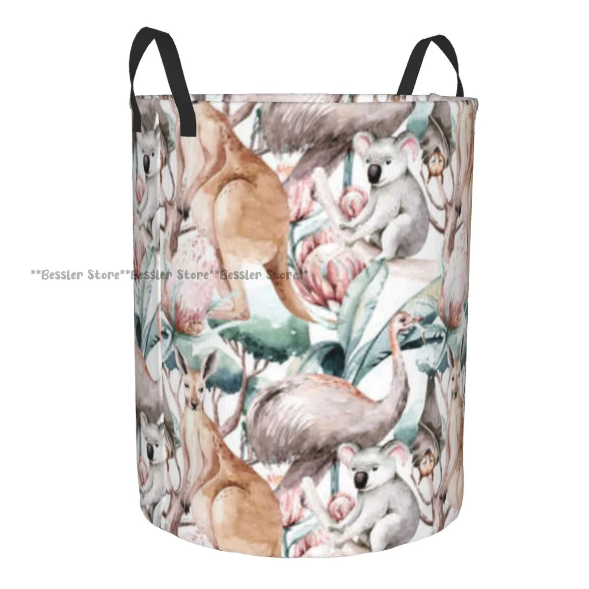 Laundry Basket Watercolor Australian Cartoon Kangaroo Koala Round Storage Bin Collapsible Hamper Clothes Bucket Organizer