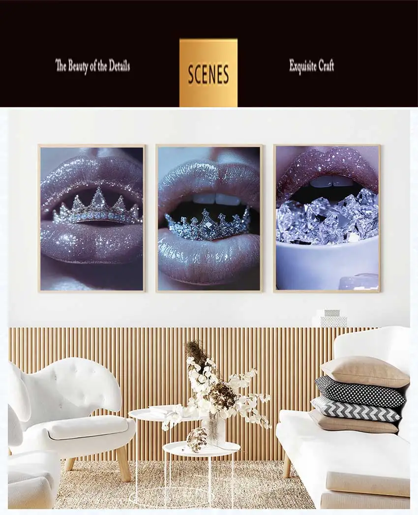Light Luxury Diamond Cherry Ring Canvas Wall Art, Fashion Lady Sexy Lipstick Decor for Home & Room Decoration