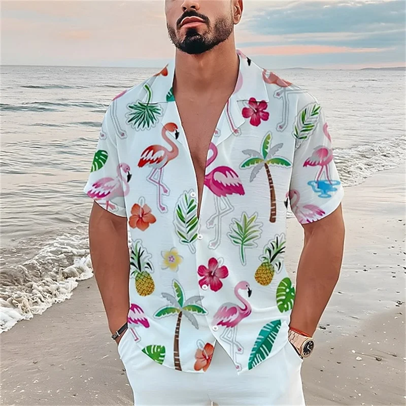 2023 Coconut Tree Men's Shirts 3D Flamingo Print Hawaiian Shirts Single Breasted Beach Short Sleeve Top Fashion Holiday Clothing