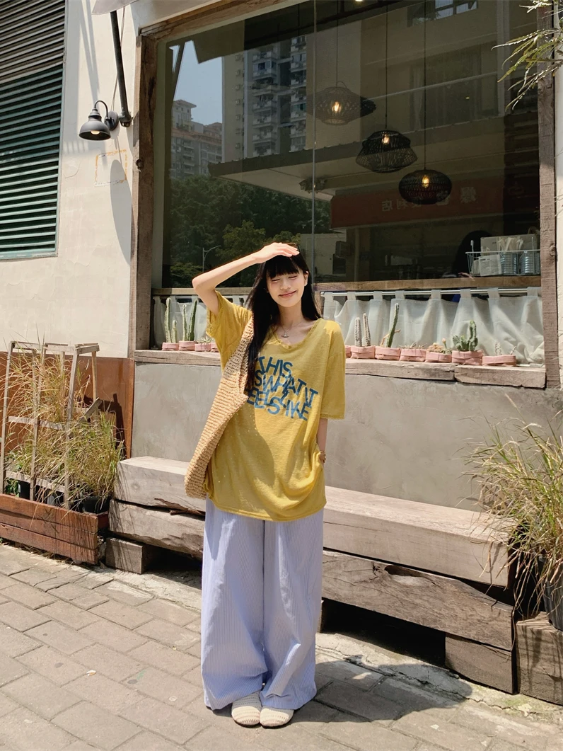 

Casual Letter Print Short Sleeve T-Shirt And Straight Leg Pants Two Piece Set for Women Summer Fashion Outfit Elastic Waistband