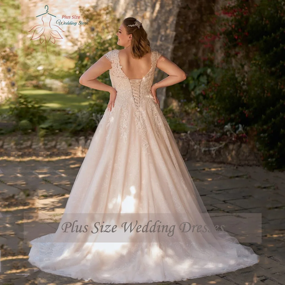 Vestidos de casamento clássicos plus size com decote em v sem mangas vestidos de noiva apliques de volta rendas até trem varredura tule a linha robe de mariée