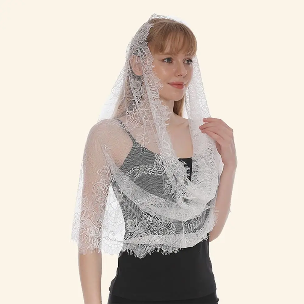 Lace Vintage Floral Mantilla Scarf Women Bride Round Veil Mantilla Bridal Shawl Headscarf Ethnic Style Beach Wedding Shawl