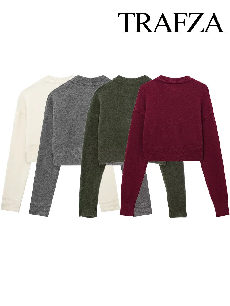 Trafza Damen Herbst Freizeit mäntel solide O-Ausschnitt Langarm Einreiher Strickjacke weibliche Mode Strick mäntel 4 Farbe