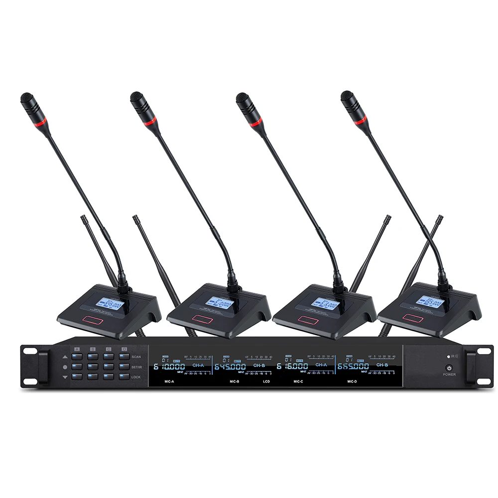 Long Range Auto Scan Table PRO UHF Dynamic Wireless Microphone System with 1 Chairman 3 Slave Delegate Unit Mic