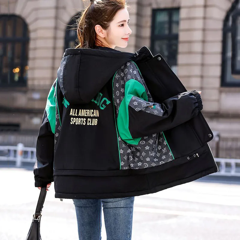Chaqueta de lana de empalme con capucha para mujer, prendas de vestir exteriores gruesas de Parker, chaqueta acolchada cálida, ropa de algodón