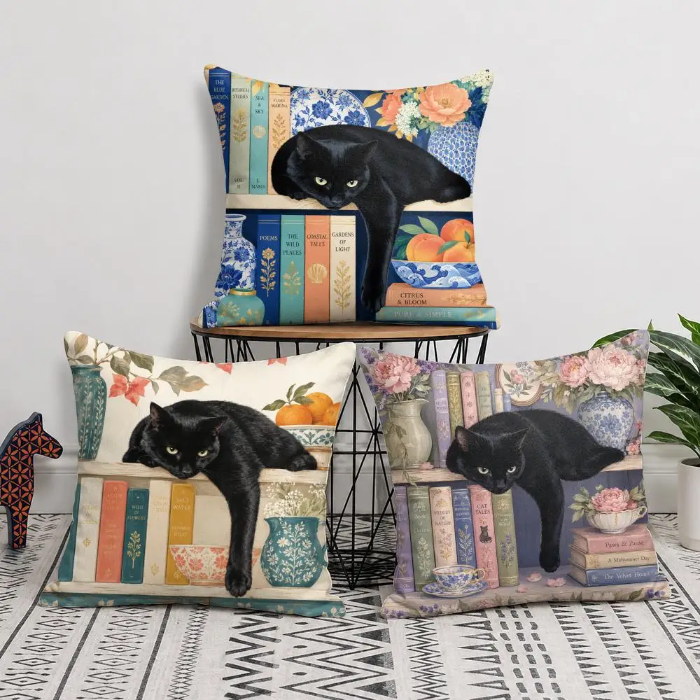 Black Cat Books Cushion Cover Short Plush Soft Double-Sided Printing Pillow Case Cozy Sofa Bedroom Home Decor Gift