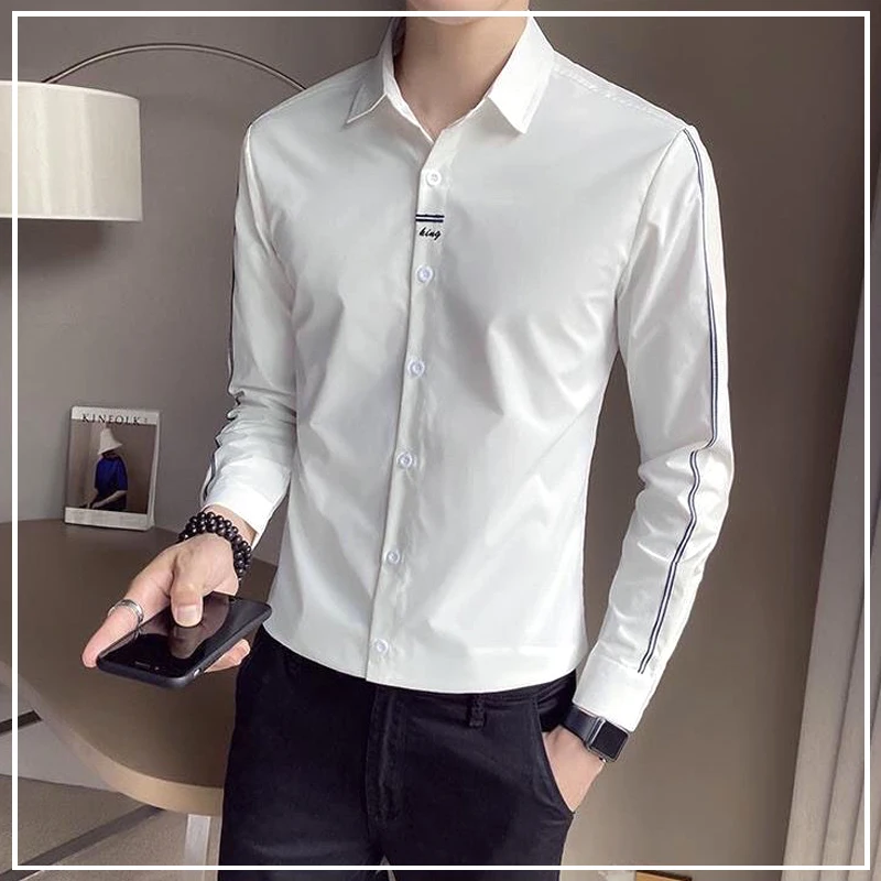 

Korean Handsome Trend Simplicity Temperament Leisure Versatile Solid Color Skinny Long Sleeves Men's Shirts Spring Autumn 2024