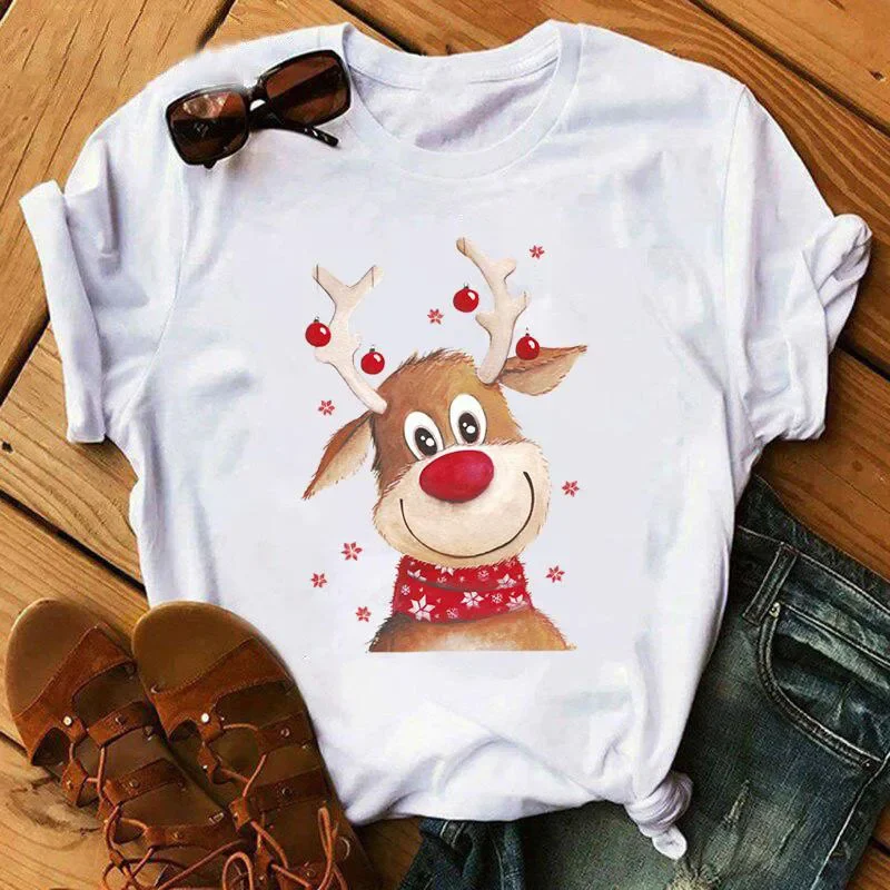 New model Christmas Reindeer Pattern T-Shirts Deer Women Fashion Short Sleeve Streetwear Harajuku Unisex Tees Tops Clothing