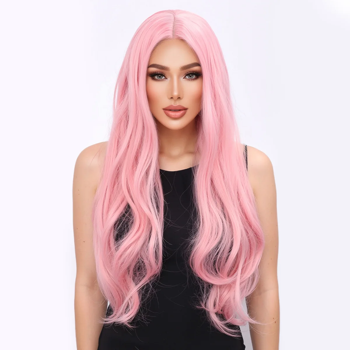 Cross Border Wig for European and American Women, Pink Big Wave Long Curly Hair, Full Head Cover, Split Wig