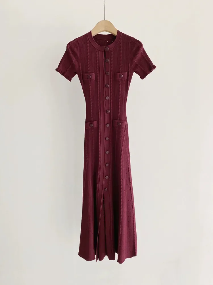 2024 Early Autumn Women Knit Midi Dress Twisted Stringy Selvedge Hollow out Single Breasted Elegant Female O-neck Robe