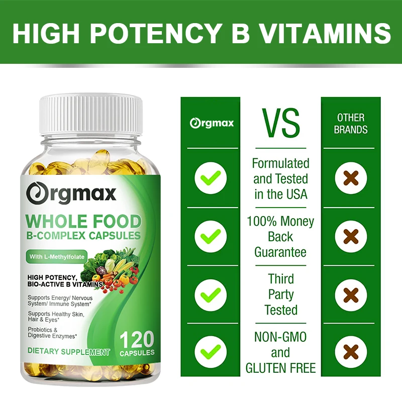 Orgmax Vitamin B Complex Capsules Whole Food Supplement B1 B2 B3 B5 B6 B7 B9 B12 Resveratrol Stress Relief Energy&Immune Support