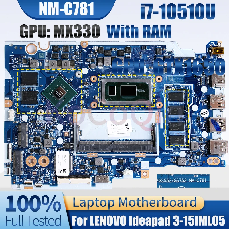 NM-C781 For LENOVO Ideapad 3-15IML05 Notebook Mainboard SRGKW i7-10510U MX330 N17S-G3-A1 With RAM Laptop Motherboard Tested