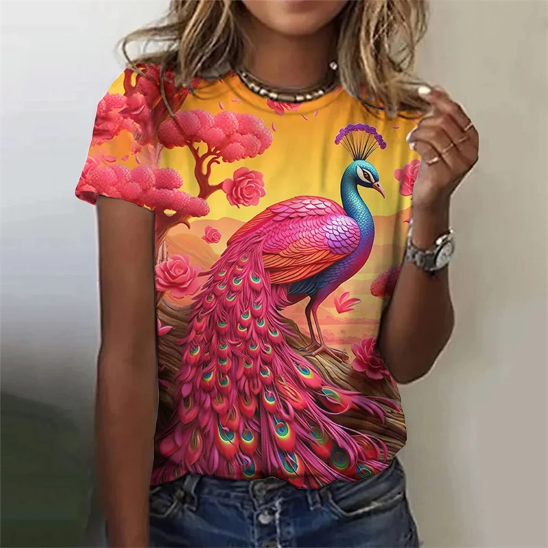 

Summer Hot Selling Fashion Retro Peacock Feather 3D Print Women Harajuku Personalized T-shirt Women Colorful Round Neck T-shirt