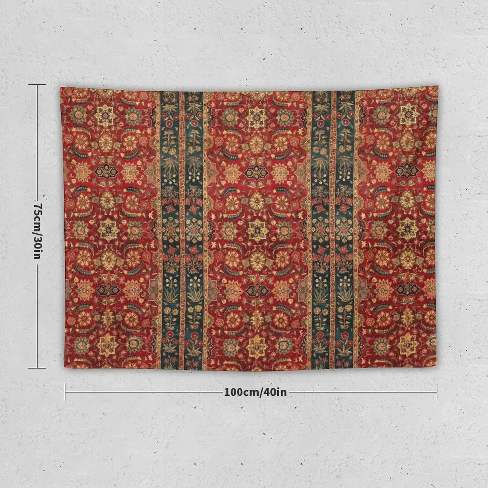 Antique Indian Floral Carpet with Red Blue Ivory Vines .Flowers,Leaves, Blossoms in Red Tapestry Funny Decorative Wall Tapestry