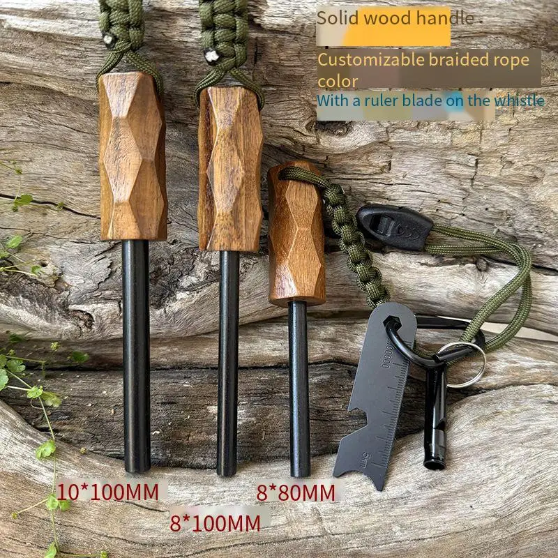 

New solid wood outdoor survival fire rod, wilderness survival fire rod with scraper, camping fire stone friction igniter