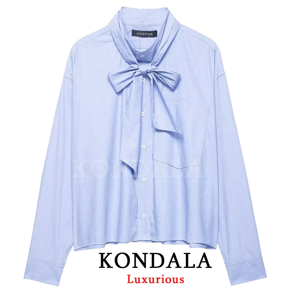 

Элегантная повседневная женская блузка KONDALA синего цвета с бантом, на одной пуговице, с длинным рукавом, модная коллекция Весна-Лето 2026, праздничная блузка