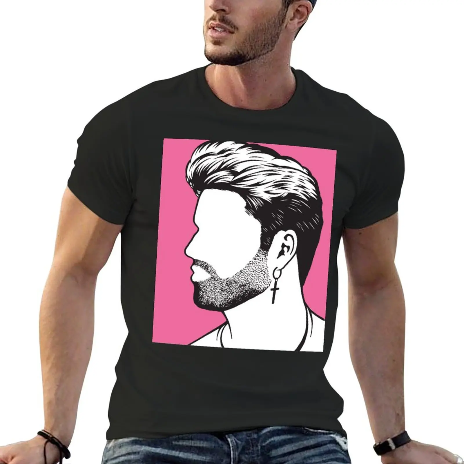 Pink background George michael image black gift T-Shirt anime figures customs Short sleeve tee men