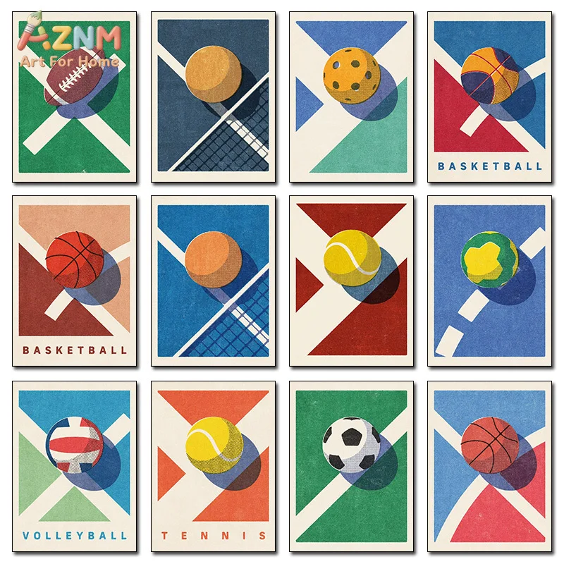 AZNM Retro Sports Ball Canvas Wall Art Geometric Basketball Football Tennis Print Frameless Canvas Painting Boys Room Decor Post