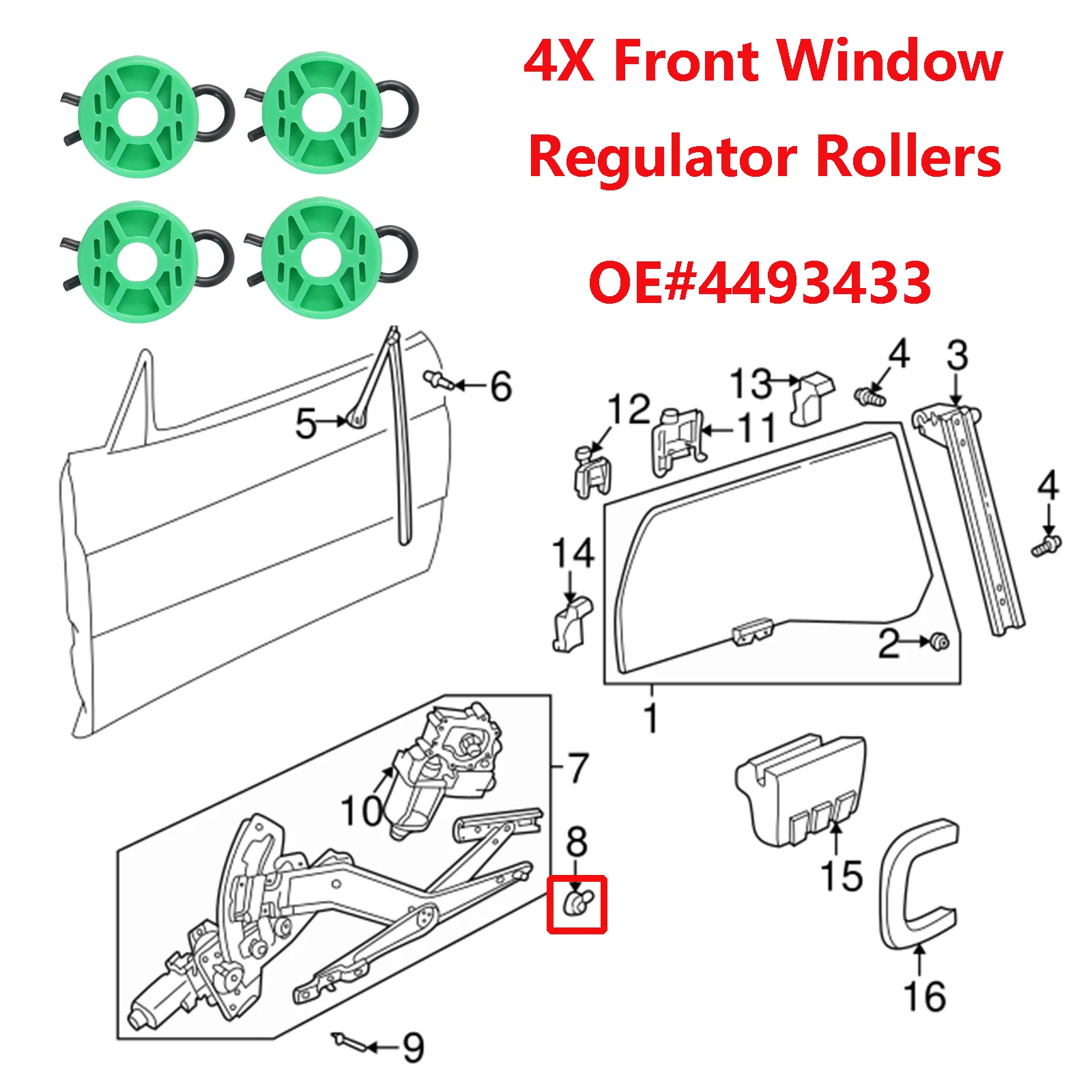 4Pcs Front Green Power Window Regulator Guide Roller Clip For Saab 900 94 - 98 9-3 99 - 03 9-5 99 - 10 Automotive Goods 4493433