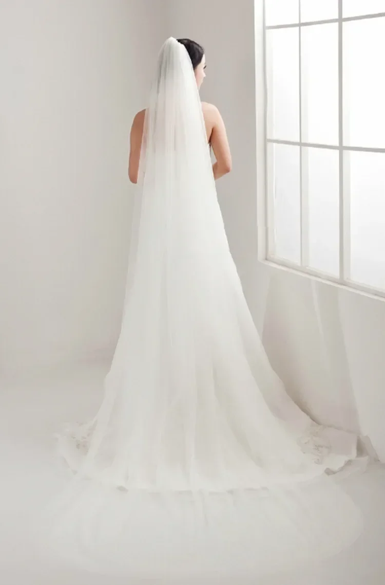 

Простые настоящие фотографии 3 м, белая/цвета слоновой кости, двухслойная длинная фата в виде собора, фата на голову, свадебные аксессуары