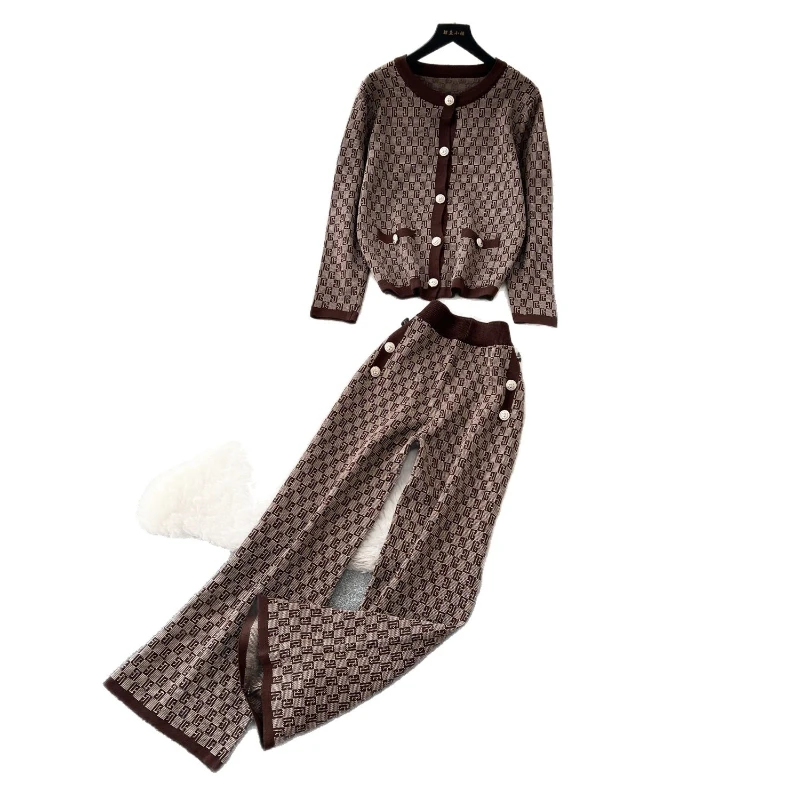 Conjunto de pantalón para mujer, conjuntos de dos piezas, suéteres de manga larga con cuello redondo, Tops, pantalones largos de pierna ancha, cintura elástica estampada, ropa de calle Y2k