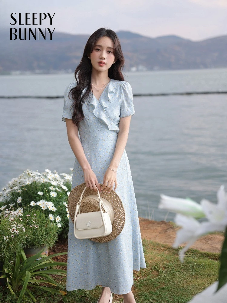 

Women Floral Ruffle Chiffon Dress Lady French Elegant High Waist Maxi Dress for Spring Casual Daily Vacation Beach Date Wear
