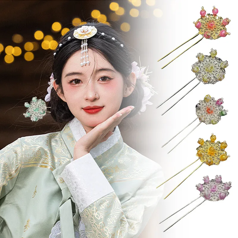 

Korean Traditional Flower Hairpin Colorful Imitation Jade Stage Performance Headwear Wedding Hair Accessories Bridal Hair Pins