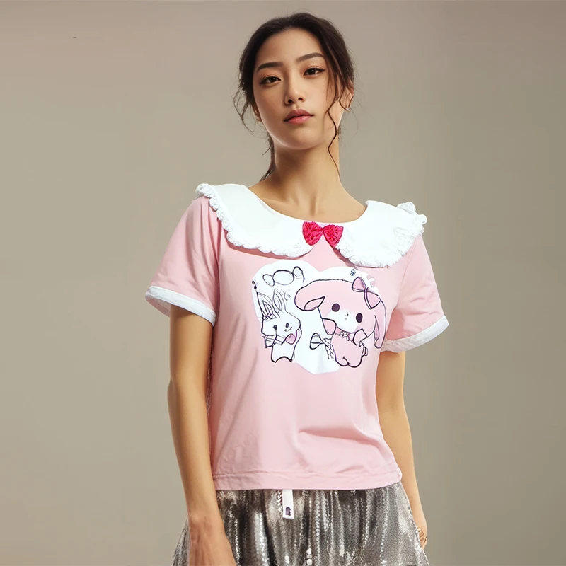 Japanese Sweet Summer 2024 T Shirt Women Cute Bow Casual Cartoon Print Tees Pink Fashion Y2k Girls Kawaii Rabbit Ear Lace Tops