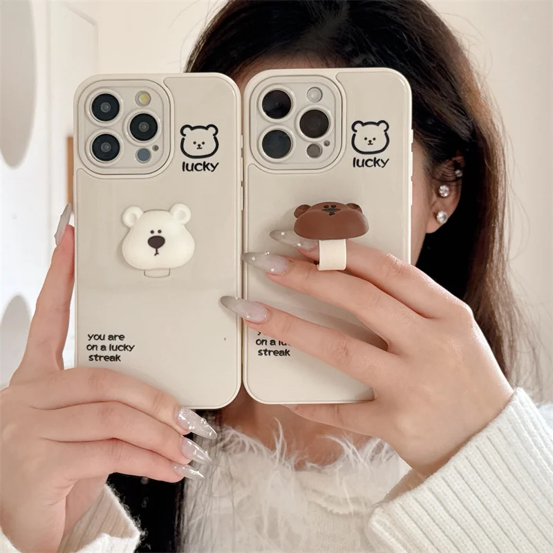 

Korea Kawaii 3D Bear Ring phone case for iPhone 16 15 14 13 Pro Max cute cartoon silicone shockproof cover With holder For 15Pro