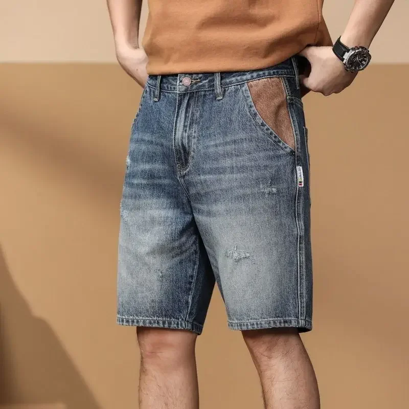 

Bermuda Loose Half Big Size Oversize Straight Male Denim Shorts Baggy Long with Pockets Wide Men's Short Jeans Pants Buttons Cut