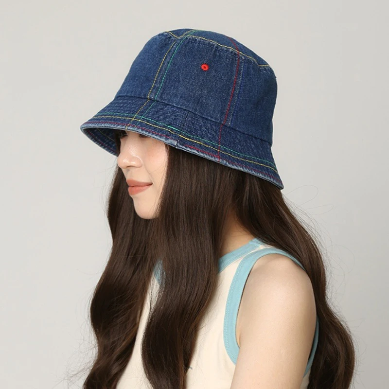 Denim Bucket Hat with Rainbow Stitching for Women and Men Korean Style Short Brim Summer Sun Protection Fisherman Cap Unisex