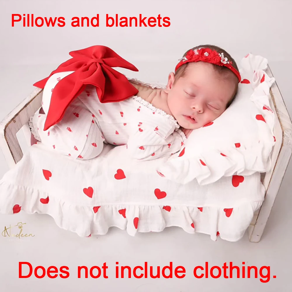 Newborn Photography Props Heart Print Baby Romper with Big Bow Headband Posing Pillow Blanket Set Infant Photo Shoot Accessories