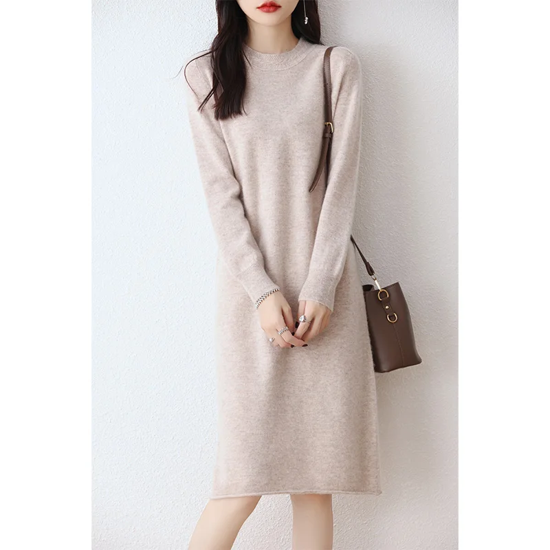 Hot Sale 100% Pure Wool Longer Dresses For Women 2023 Fashion Cashmere Sweaters Hot Sale Long Style Pullovers 6Colors Jumpers DR