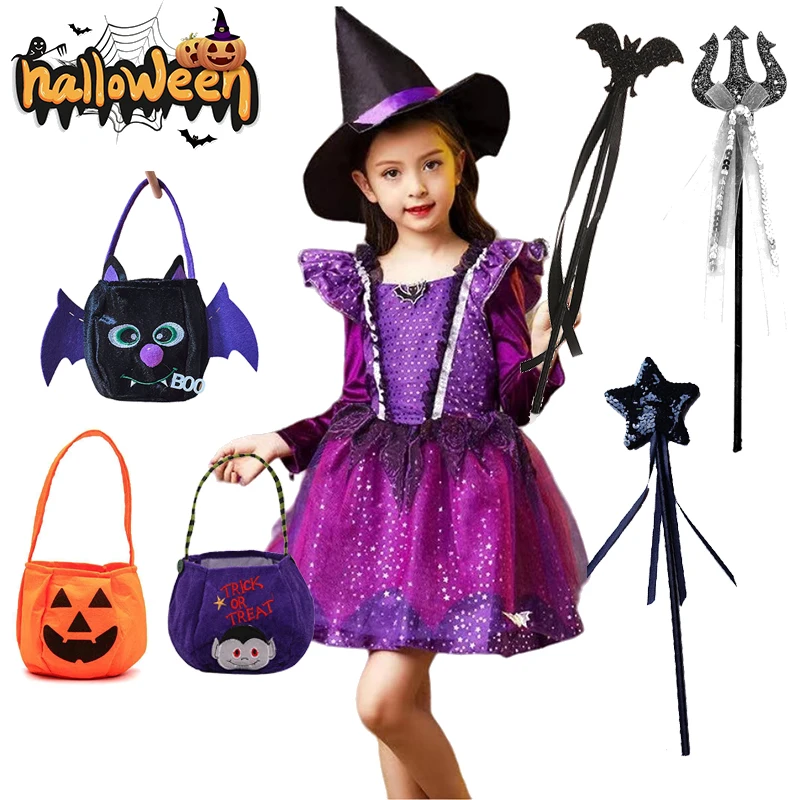 

2024 Halloween Costume Kids Girls Witch Cosplay Dress Children Halloween Witch Costume Purim Carnival Outfit Party Clothings