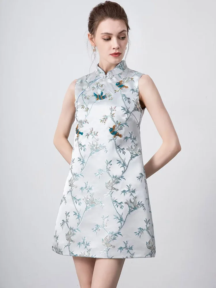 

Fashion Summer Women Jacquard Dress Stand Collar Beading and Embroidery Vestidos Sleeveless Younger Street