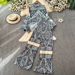 Fashion Women 2-piece Sets Lantern Sleeve Printed Shirt Top + High Waist Casual Wide Leg Pants Two-piece Set Female Clothes 2024