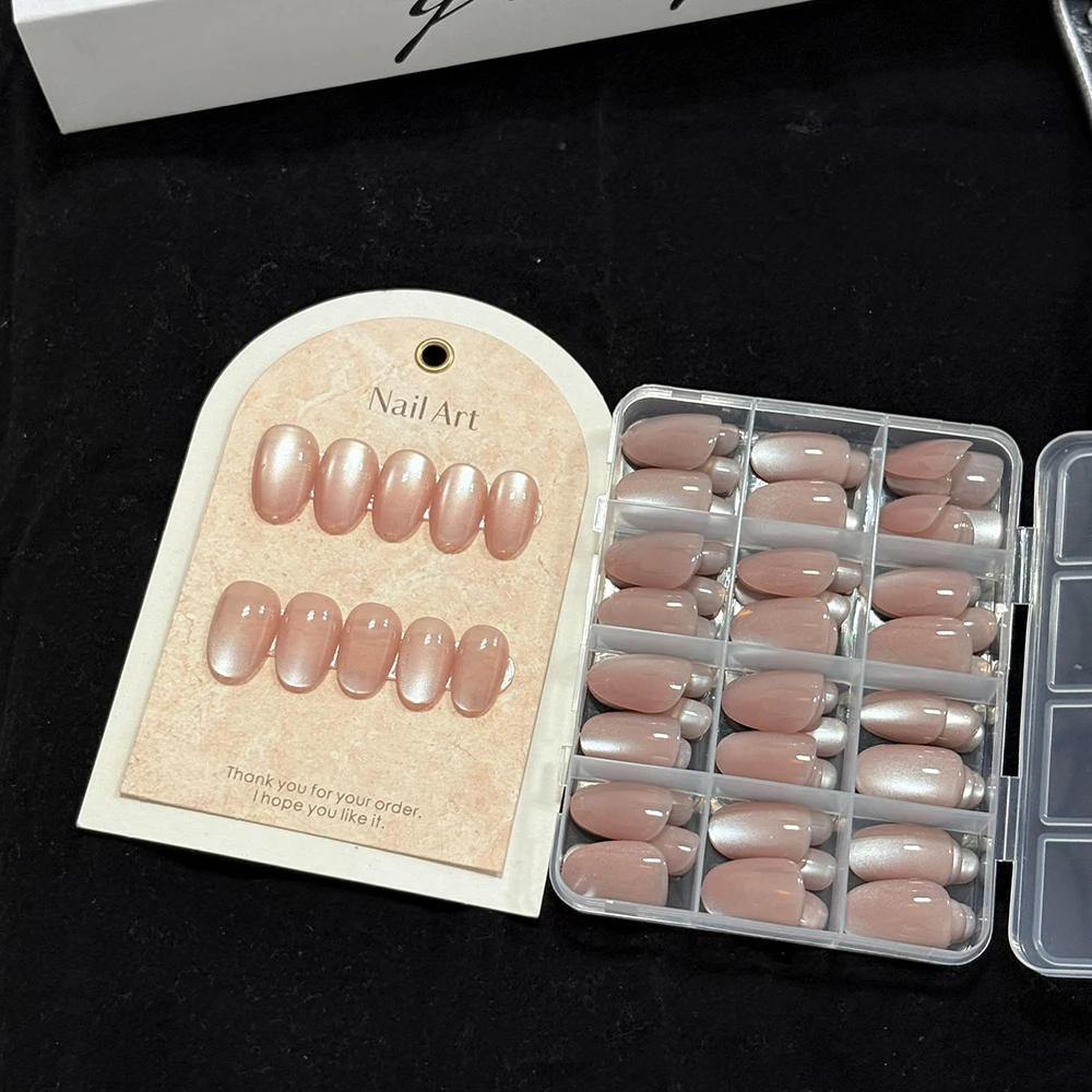 144 teile/schachtel Natürliche Nude Cat Eye Künstliche Nägel Kurze Mandel Design Volle Abdeckung Fasle Nagel Acryl Drücken Auf Nägel Elegante Nagel patches – Detail 4