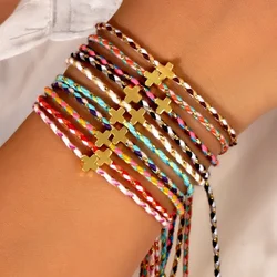 1pc Bohemian retro style four-color cotton rope copper cross layered adjustable bracelet suitable for men and women to wear