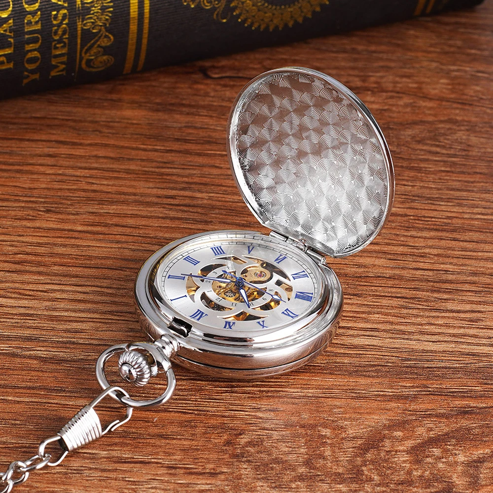Orologio da tasca meccanico in nastro di lusso per uomo donna custodia liscia numeri romani quadrante uomo orologio con ciondolo a catena Fob per collezione