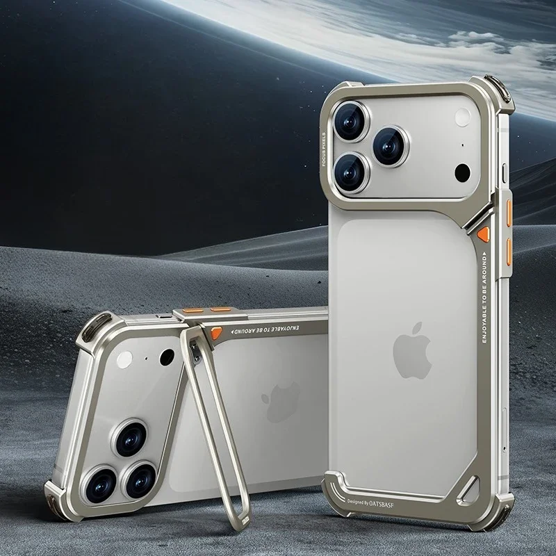Eary 9-förmige Metall-Schutzhülle für iPhone 18 17 Pro Max mit MagSafe-Wireless-Charging, Objektivhalterung und Ständer, rahmenlos – Detail 4