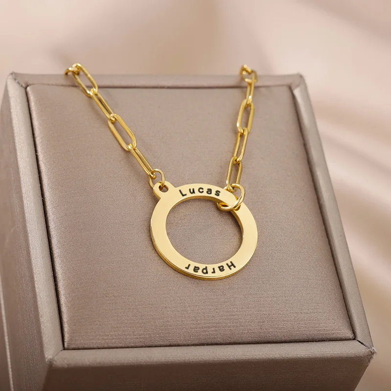 Custom Hollow Circle Name Necklace for Women Stainless Steel Personalized Gold Color Round Pendant Necklaces 2022 Trend Jewerly