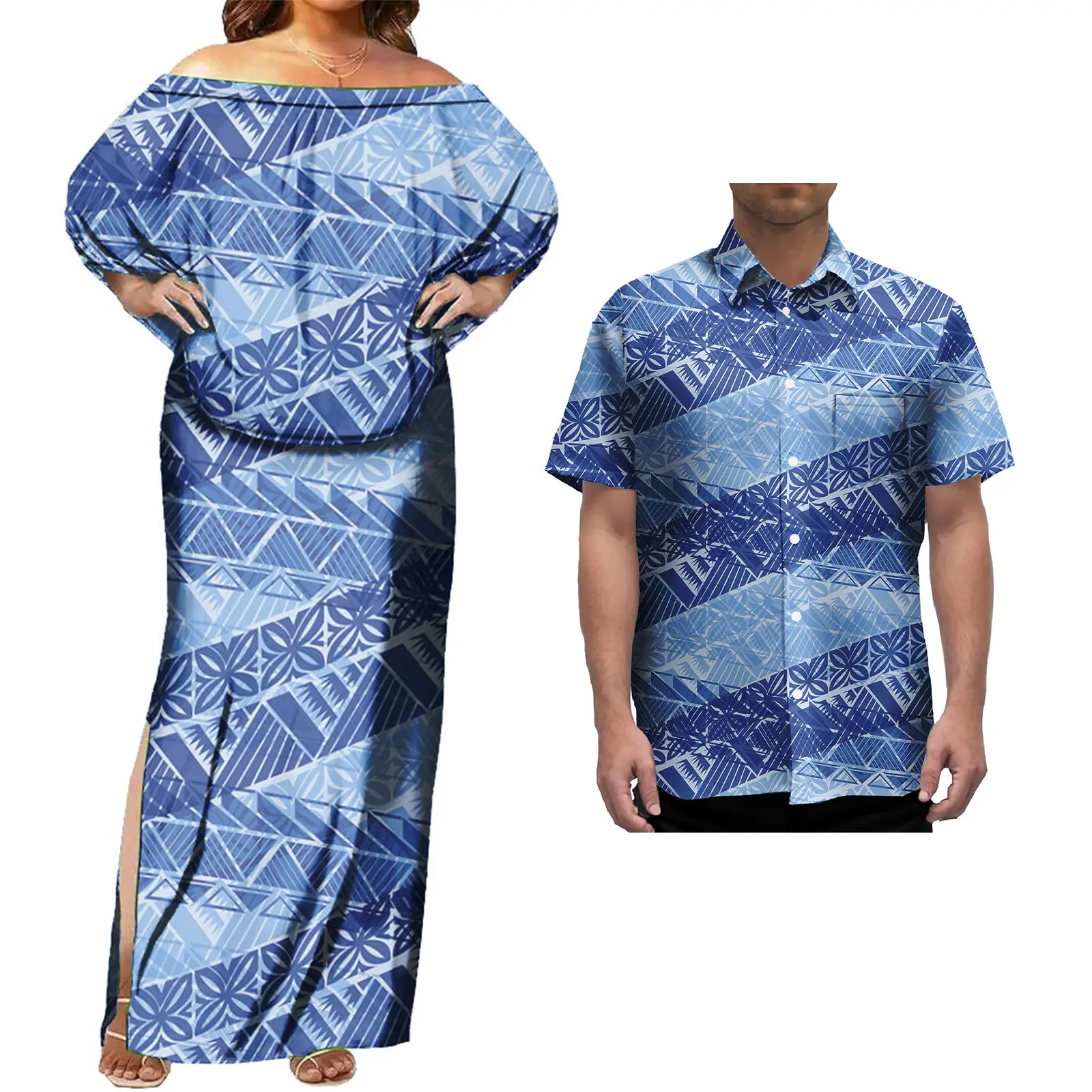 Vintage paar set Polynesische dames eiland stijl Puletasi jurk en Hawaiiaanse heren shirt paren bijpassende outfits