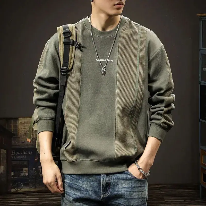 Sudadera de manga larga con cuello redondo para hombre, Jersey holgado, informal, Simple, Patchwork, Vintage, a la moda, primavera y otoño