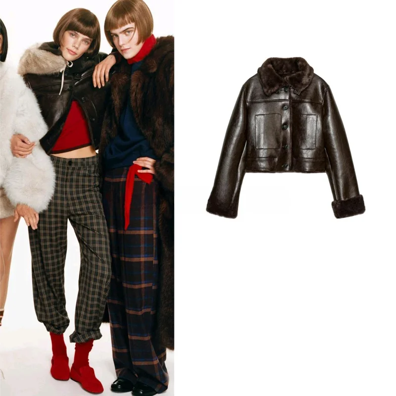 Winter New Casual Long Sve Stand Collar Double Sided Artificial Fur Effect Jaet Coat for Women ort Sle Button Closure