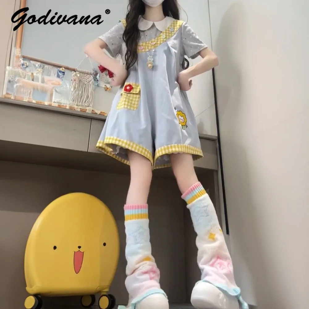 Cute Little Girls Summer Cartoon Print Overalls Middle School Childrens Thin Short Sleeve Peter Pan Collar Blouse Two Pieces Set