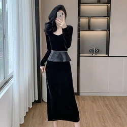 French Fashion Fake Two Piece Women V Neck Pencil Dress New Elegant Autumn Velvet Beaded Ruffles Bodycon Split Midi Vestidos